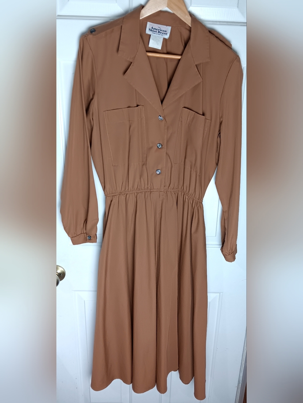 Vintage 80s The American Shirt Dress Size 16M Long Sleeve Button Dress Brown